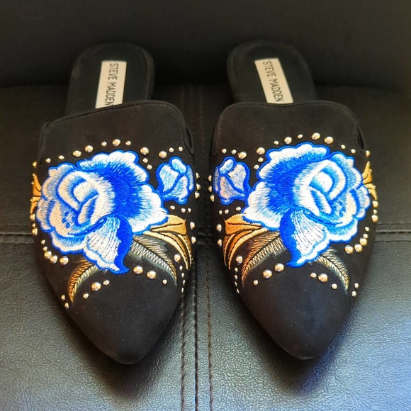 Steve Madden Shoes - Steve Madden Merci-P Floral Blue Rose Studded Slide On Mules